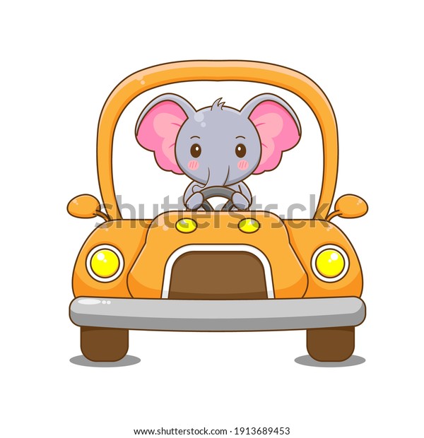Vector illustration of elephant character\
driving car isolated on white\
background.