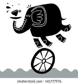 Vector illustration with elephant, cup of coffee, wheel