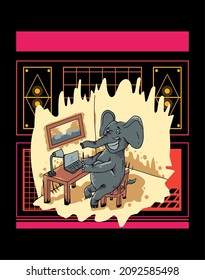 vector illustration of an elephant, a cute elephant at work in the office, on a modern geometric background, for t-shirts, clothes and merchandise