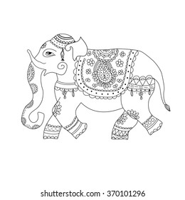 Vector illustration of elephant in ethnic style. Indian style decorated ornate elephant 