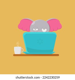 vector illustration of an elephant in front of a laptop