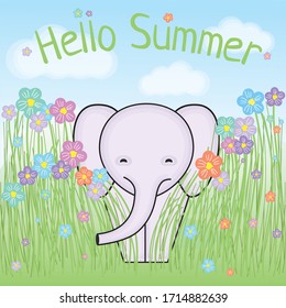 Vector illustration of elephant in the grass and flowers, hello summer lettering text.