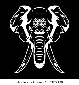 Vector Illustration. Elephant Head in Black Background. Lineart Style