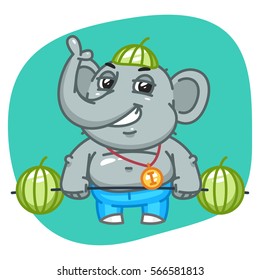 Vector Illustration, Elephant in Jeans Pants Raises Barbell of Watermelons, Format EPS 8