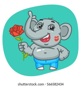 Vector Illustration, Elephant in Jeans Pants Holds Rose, Format EPS 8