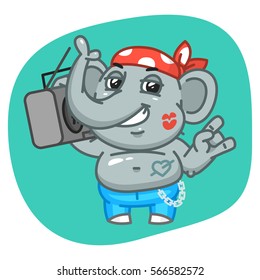 Vector Illustration, Elephant in Jeans Pants Holding Tape Recorder and Smiling, Format EPS 8