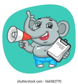 Vector Illustration, Elephant in Jeans Pants Holding Notepad and Megaphone, Format EPS 8