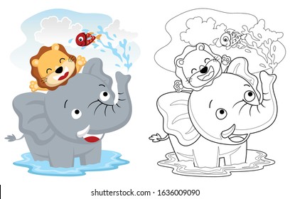 vector illustration of elephant and lion playing water with little fish, coloring book or page