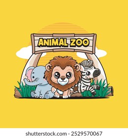 Vector Illustration of Elephant, Lion and Zebra with Cute Zoo Vector Illustration Available for Tshirt Design