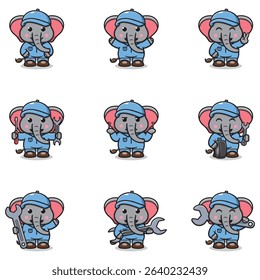 Vector Illustration of Elephant Mechanic Cartoon Character. Mechanic Character Vector Illustration. Elephant Character animal. Mechanic Mascot.