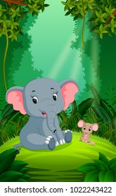 vector illustration of Elephant and mouse in the clear and green forest