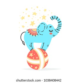 Vector illustration of elephant on red ball. Circus artist doing trick