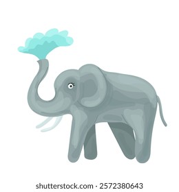 Vector illustration with elephant on white isolated background. Cartoon, flat style. Illustration for children, cute. Animals, wildlife. elephant lets out a fountain of water from its trunk