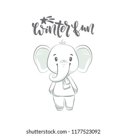 Vector illustration with elephant and phrase "winter fun",can be used for baby's shirt design, kids wear, baby shower card,celebration card,greeting card, invitation card.