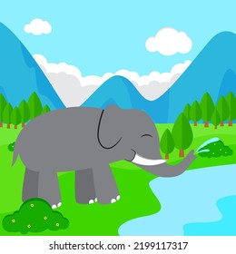 vector illustration of elephant playing in water, flat design elephant in the wild