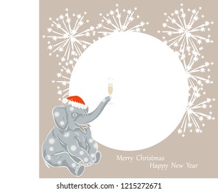 vector illustration of elephant in Santa Claus hat.Frame for greeting or invitation card with space for text.Words happy New year and merry Christmas