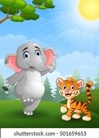 vector illustration of Elephant and tiger cartoon in the jungle