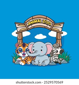 Vector Illustration of Elephant, Tiger and Zebra with Cute Zoo Vector Illustration Available for Tshirt Design