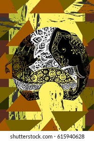 Vector illustration with the elephant for t-shirts, posters, card and other uses. Boho chic. Ethnic style. 