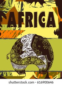 Vector illustration with the elephant for t-shirts, posters, card and other uses. Boho chic. Ethnic style.