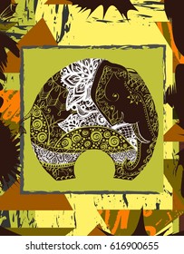 Vector illustration with the elephant for t-shirts, posters, card and other uses. Boho chic. Ethnic style.