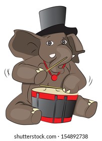 Vector illustration of elephant wearing hat and drumming.