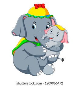 vector illustration of an elephant wearing a yellow hat and playing with a little elephant so fun