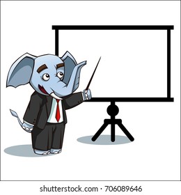 Vector illustration of an elephant who teaches the lesson in the form of presentation. Character mascot elephant isolated on a white background. The elephant in the jacket.