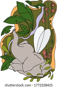 vector illustration elephant with wings,palm leaves,creepers,flowers