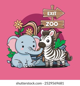 Vector Illustration of Elephant and Zebra with Cute Zoo Vector Illustration Available for Tshirt Design