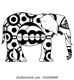 Vector illustration of the elephant with zentangle pattern.