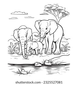 Vector illustration of elephants by water. Line art