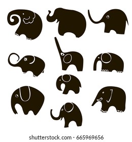 Vector illustration with elephants  in a children's style. Isolated silhouette on white background