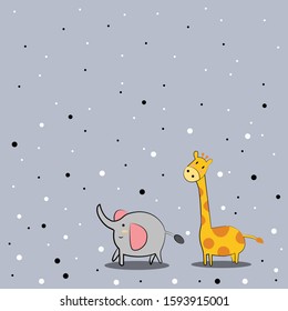 Vector illustration. Elephants and giraffes. Gray background image with snow patterns.