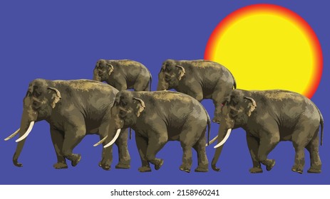 Vector illustration of elephants walking in a herd. Five elephants. Background around animals in blue. Sun with a red border. Wild nature. Environment. Symbol of happiness.