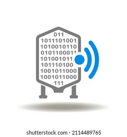 Vector Illustration Of Elevator With Binary Numbers Zero One And Wireless Radio Signal. Icon Of Information Silo. Symbol Of Data Silos. Smart Innovative Agriculture Technology Sign.