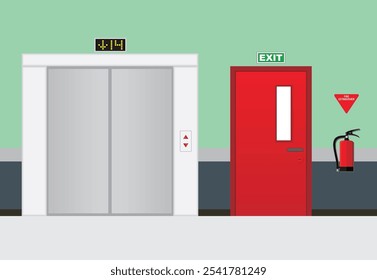 Ilustración vectorial de puertas de ascensor y salidas de emergencia en un edificio de instalaciones de extinción de incendios.