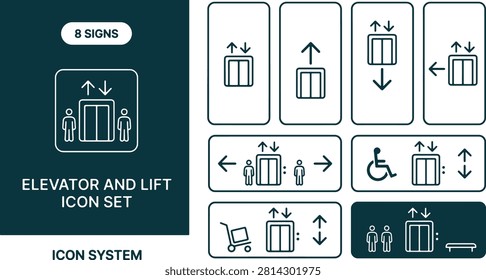 Vector illustration of elevator and lift icon set featuring passenger, freight trolley, wheelchair accessibility, and directional up down arrows.