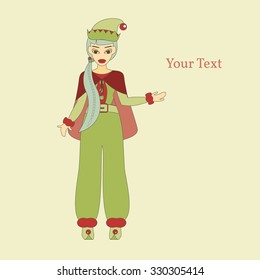 Vector Illustration of a Elf Cartoon Character. Cute Santa Helper. Merry Christmas and Happy New Year. Year of the Monkey.