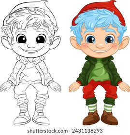 Vector illustration of an elf, colored and line art.