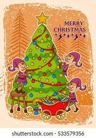 vector illustration of elf decorating tree for Merry Christmas