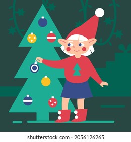 Vector illustration of an elf girl decorates a Christmas tree. Christmas Eve. Web design, books for children, banner