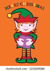 Vector illustration of an elf holding a present on orange background