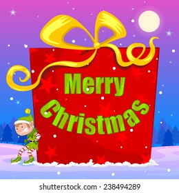 vector illustration of Elf pushing big Christmas gift