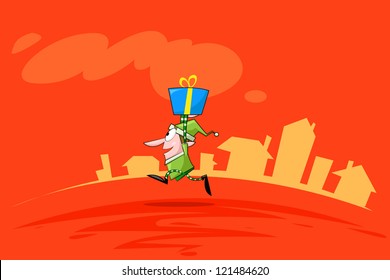vector illustration of elf running with Christmas gift