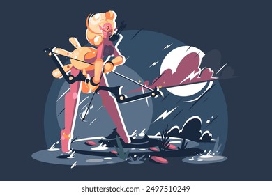 Vector illustration of Elf warrior archer with an elven appearance, poised with a bow and arrow under the moonlight.