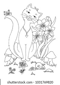 Vector illustration. Eligantnaya cat sits in a clearing among the flowers. Coloring book. Anti Stress for adults and children. Black and white.