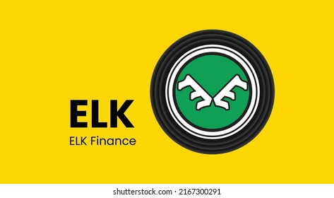 Vector illustration of Elk finance ELK crypto currency logo on yellow background with copy space. Elk finance cryptocurrency token logo or symbol banner.