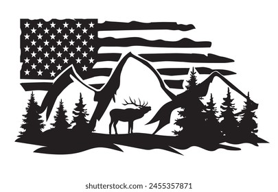 vector illustration of an elk, forest, mountains, American flag.