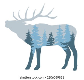 Vektorgrafik eines Elchs mit Wald, Bäumen.
